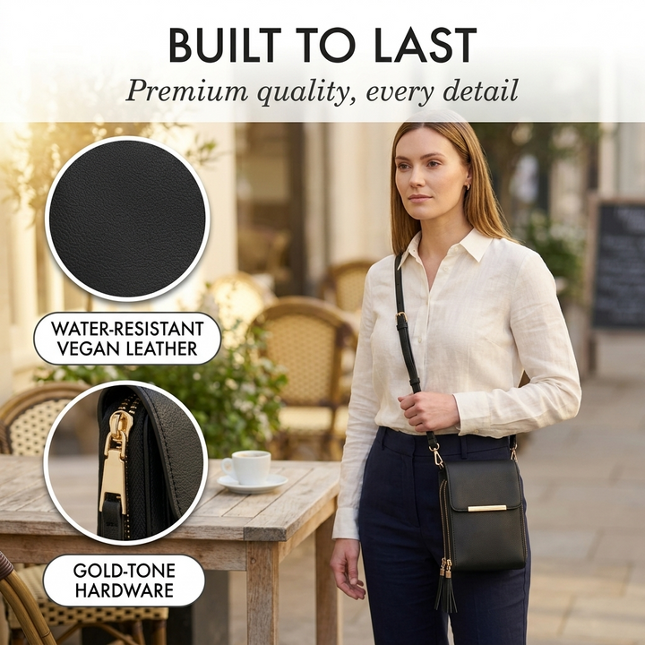 Woman wearing the black crossbody bag with close-ups of the textured material and gold-tone zipper hardware.