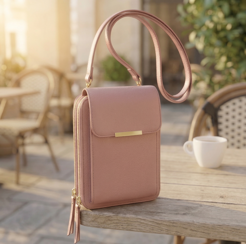 Dusty rose crossbody bag with gold clasp and tassel zipper pulls on a sunlit cafe table.