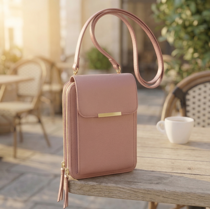 Dusty rose crossbody bag with gold clasp and tassel zipper pulls on a sunlit cafe table.