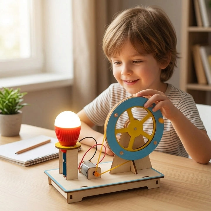 Wooden generator model with blue and yellow wheel and red bulb, held by a smiling boy