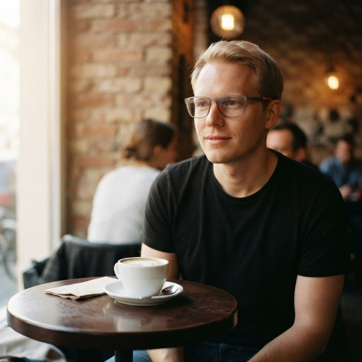 Man in a black t-shirt wearing light gray frames at a cafe table with coffee 4