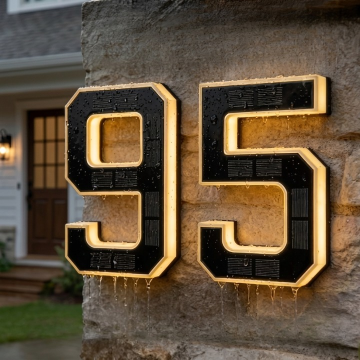 Close-up of two backlit black numerals on rough stone, wet with raindrops and showing small solar panel cells 4