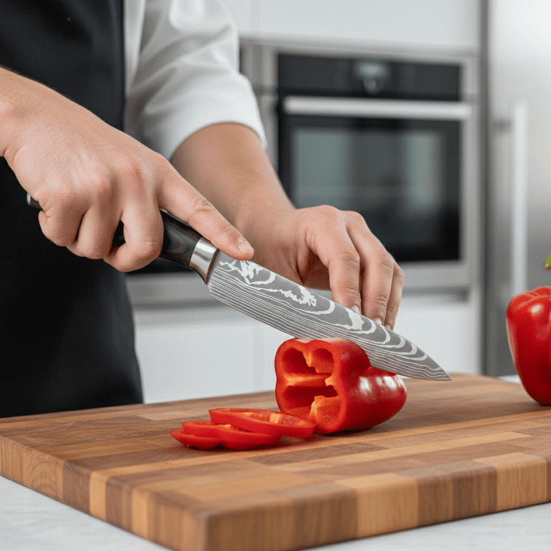 Hands slicing a red bell pepper on a wooden cutting board with the patterned knife, a modern kitchen blurred behind. 4