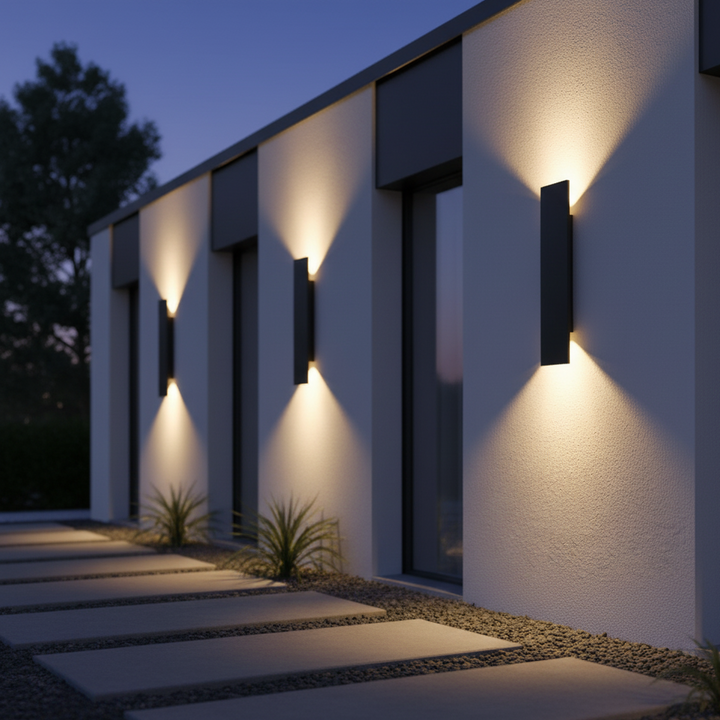 Black wall sconce another view on a modern white house facade with light above and below.