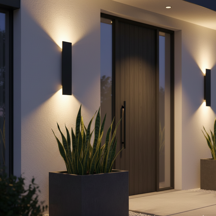 Black wall sconce detail by a front door, casting warm light on the wall.