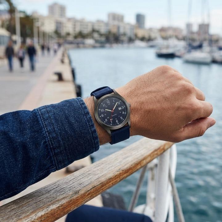 Navy blue military watch with nylon strap, another view worn with a denim sleeve by a marina.