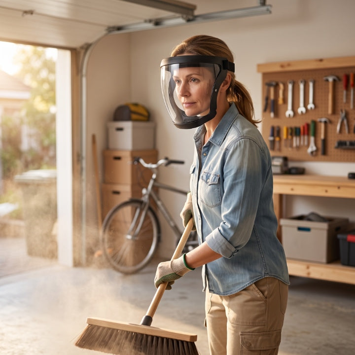 Woman in a denim shirt wears the shield while sweeping dusty floor in a garage 2