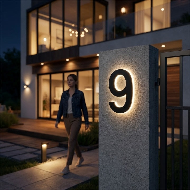 Black backlit LED house number sign on a gray textured pillar at night beside a modern house.