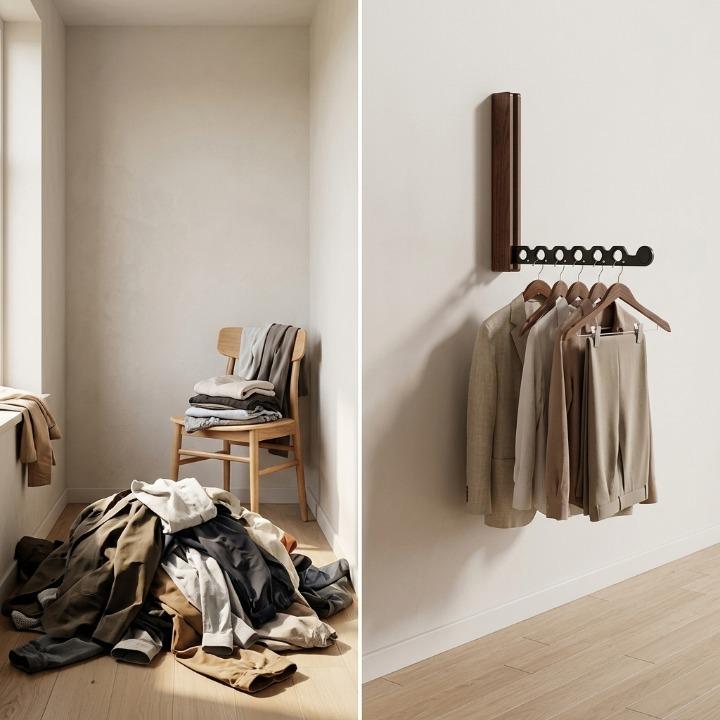 Foldable wooden wall coat rack in walnut beside a cluttered floor and a tidy hanging setup.