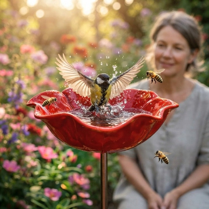 Red flower-shaped metal bird bath with a bird splashing nearby.
