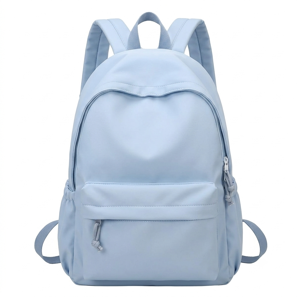 Light blue backpack with matching straps, top handle and a zippered front pocket.