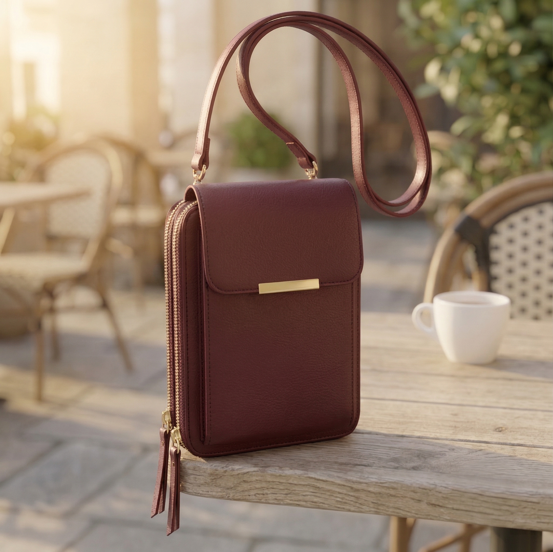 Deep burgundy crossbody bag with gold bar clasp and double zippers on a wooden table.
