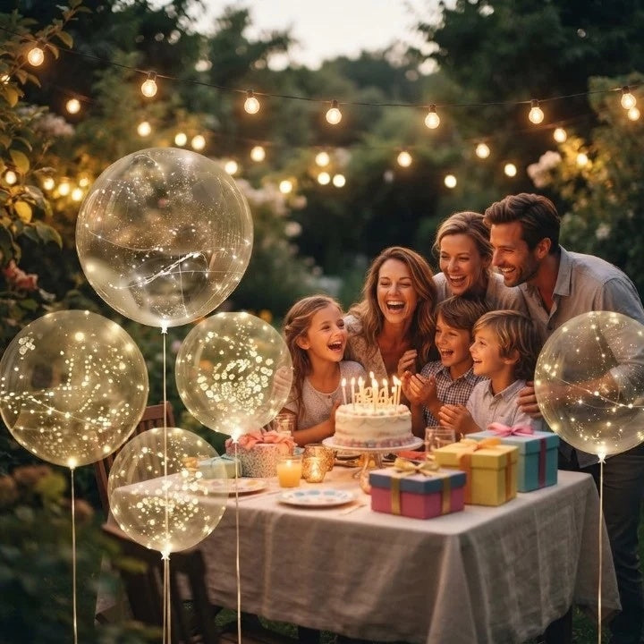 Clear light-up balloons beside a birthday cake and gifts at an outdoor table