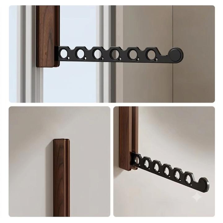 Foldable wooden wall coat rack detail views showing the arm extended and folded flat.