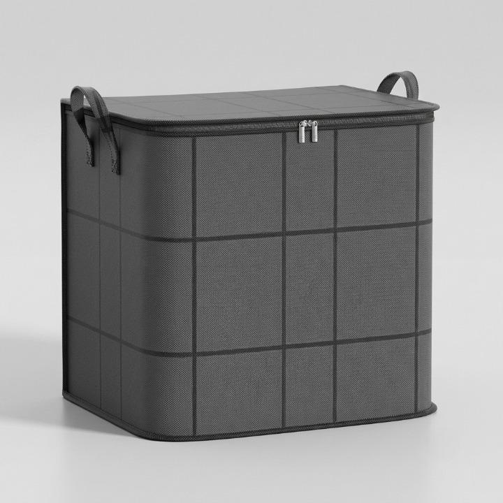 Grey geometric storage bag in the wide, shorter size with a zippered lid and handles.