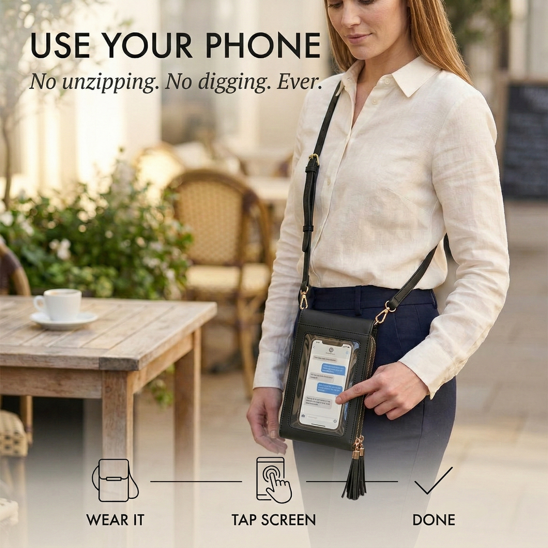 Woman tapping a phone screen through the clear window on the black crossbody bag.