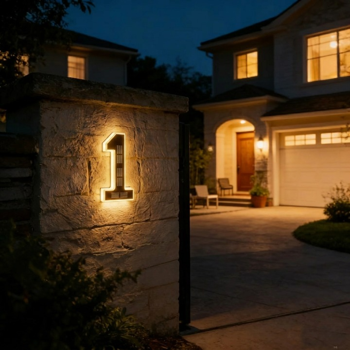 Backlit number one on a stone gate pillar at night, with a lit house in the background 6