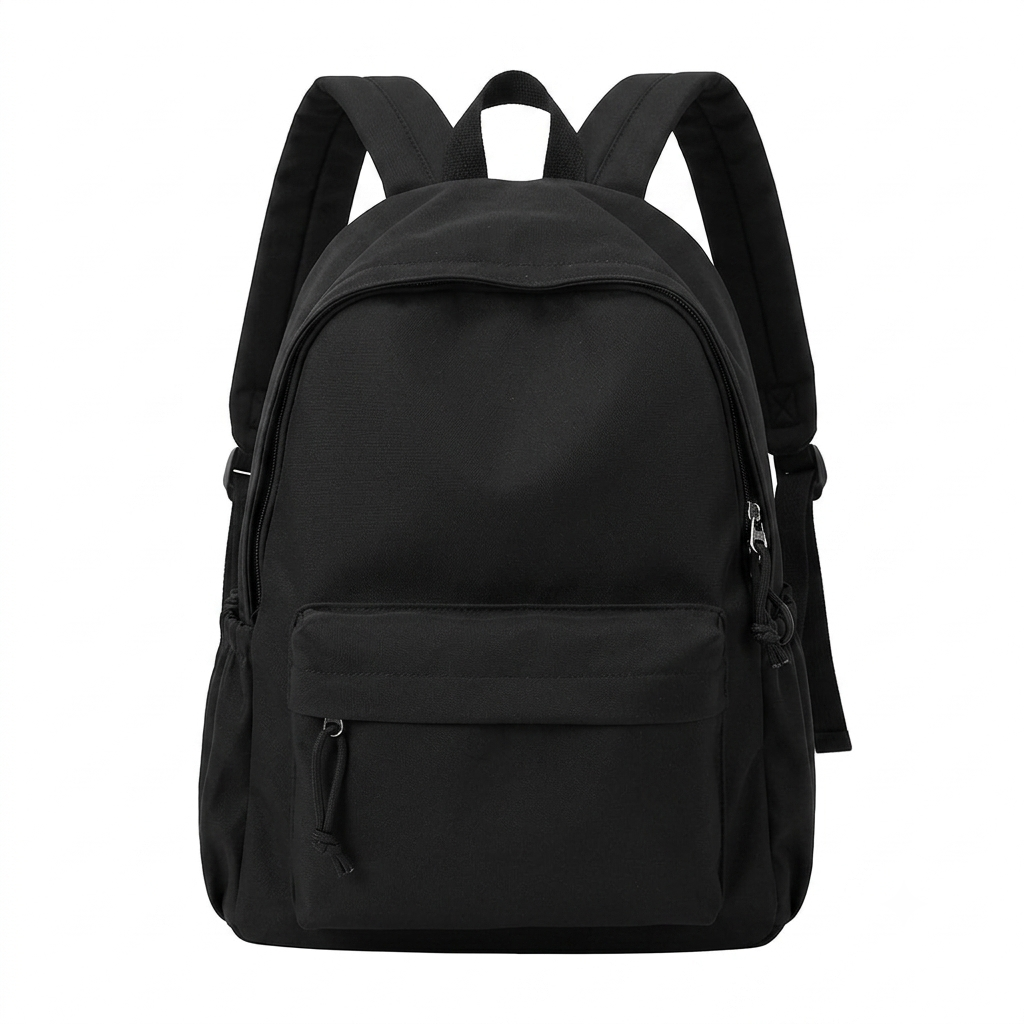 Black version of the backpack with front zip pocket, side pockets and padded shoulder straps.