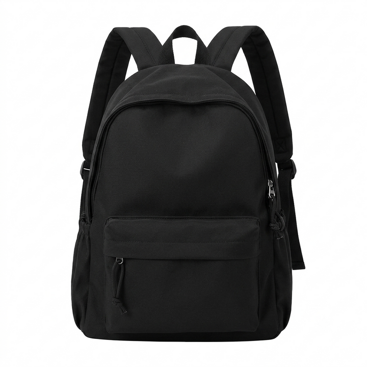 Black version of the backpack with front zip pocket, side pockets and padded shoulder straps.