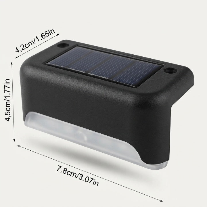 Black solar step light detail shown at an angle with arrows marking its width, height and depth dimensions.