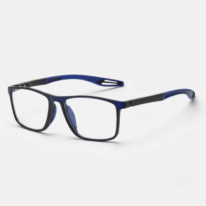 Angled view of dark blue frames with blue silicone temple tips and matching nose pads 7