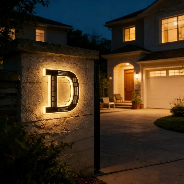 Backlit letter D on a stone gate pillar at night, with a lit house behind 18