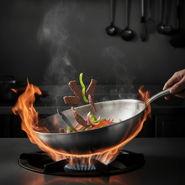 Wok over a gas flame as strips of beef and peppers are tossed in the air, a hand gripping the handle. 4