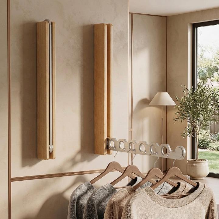 Foldable wooden wall coat rack another view with one folded flat and one extended.