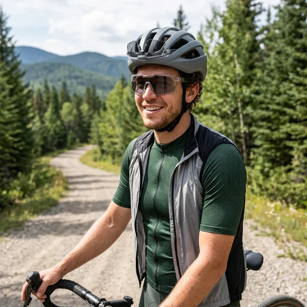 Black SunShift Tactical Sunglasses another view worn by a smiling cyclist.