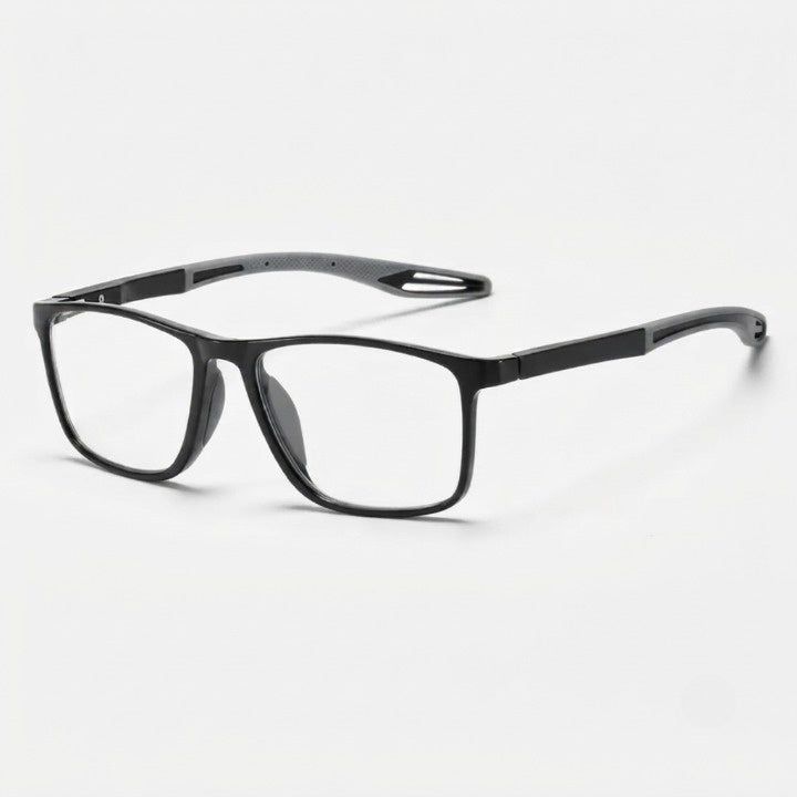 Angled view of glossy black frames with gray temple tips and open vent cutouts 6