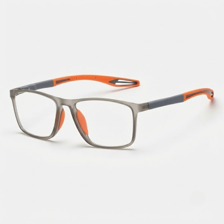 Angled view of translucent gray frames with orange temple tips and orange nose pads 5