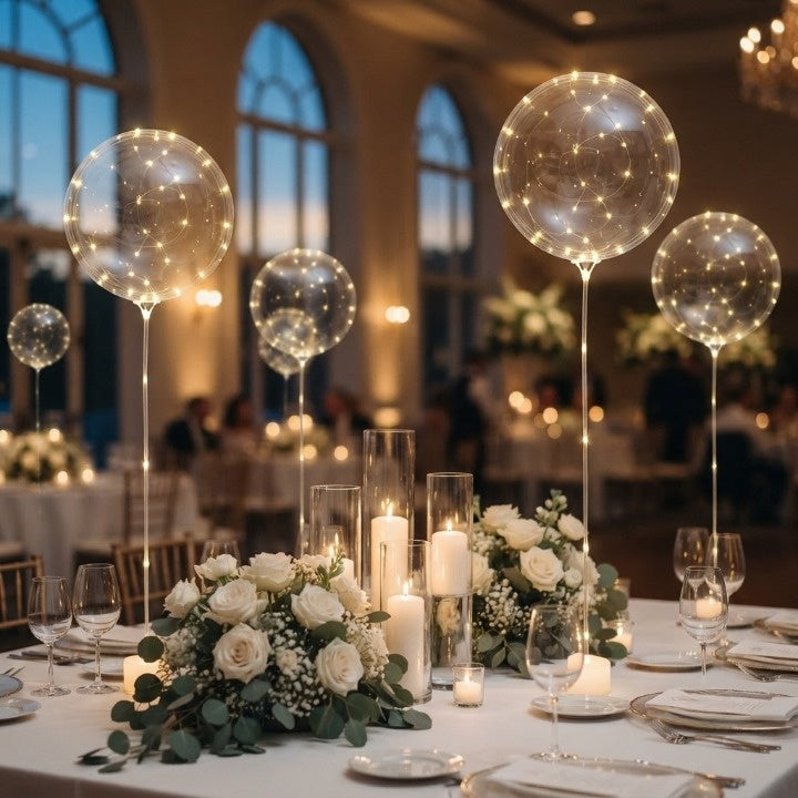 LED Balloon Set (10 Pack) detail of glowing balloons on a wedding table