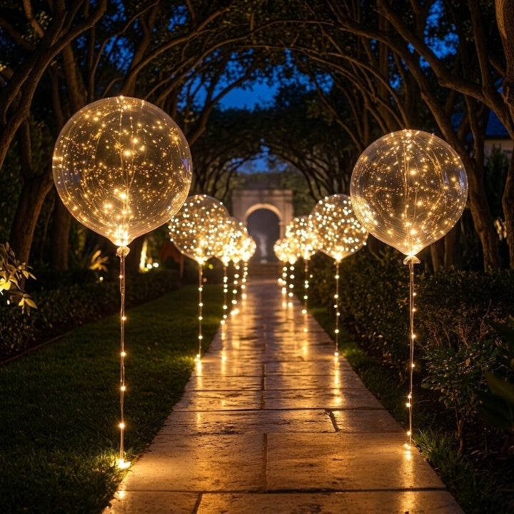 Clear light-up balloons with warm lights along a garden path at night