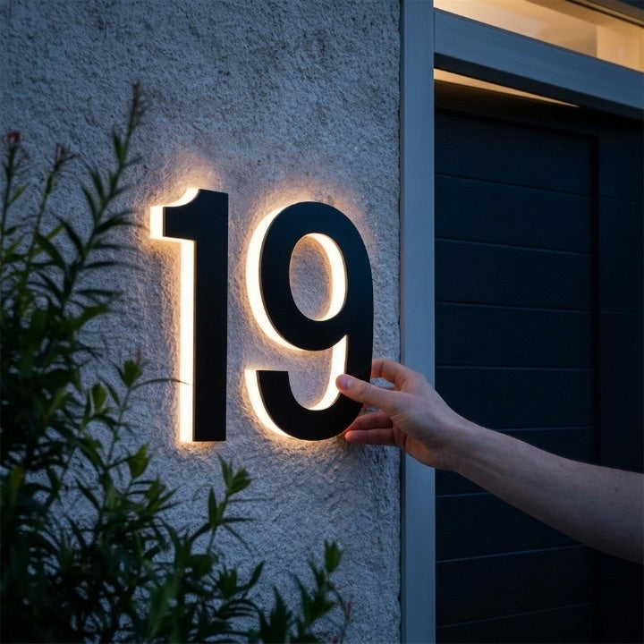 Black two-digit backlit LED house number sign on a rough white wall with warm light around the edges.