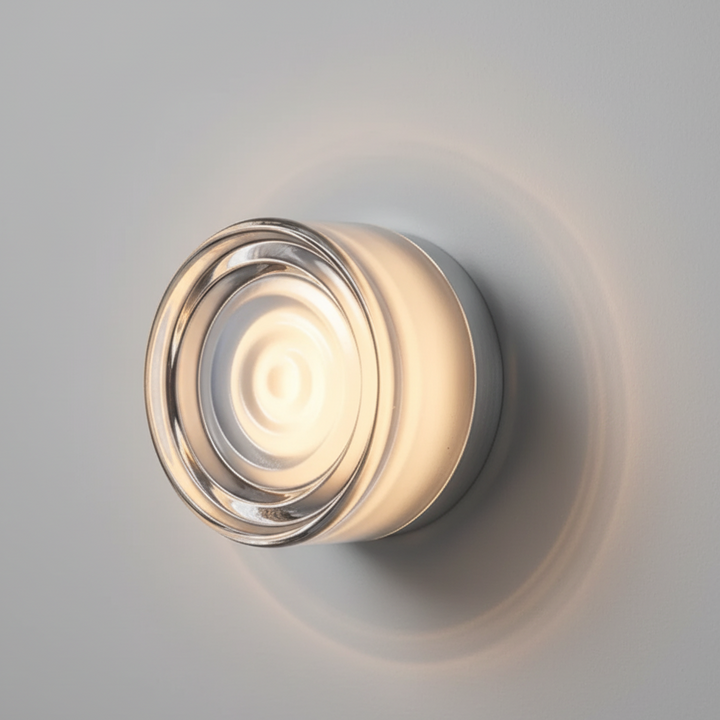 Wall lamp with clear concentric ripple glass and a white base, throwing a soft circular halo of light on the wall. 31