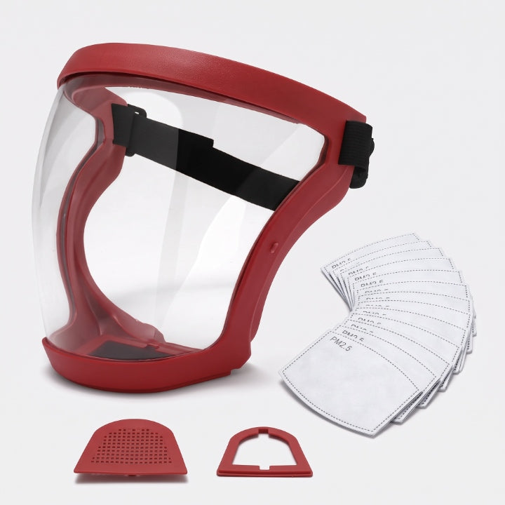 Red-framed shield shown with a fan of replacement filter pads and two small frame parts 7