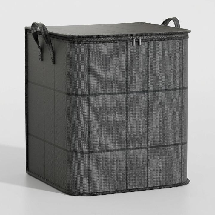 Grey geometric storage bag in the medium, taller size with a zippered lid and two handles.