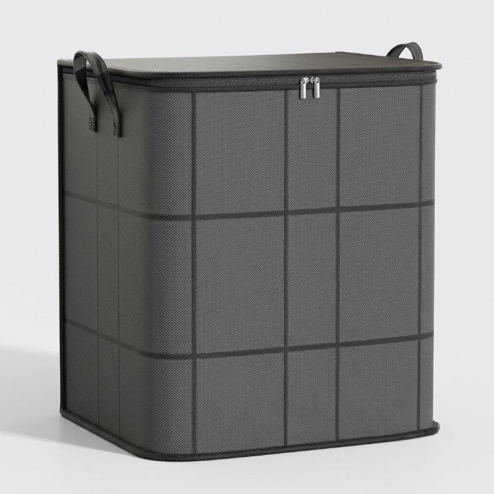 Grey geometric storage bag in the tallest size with a zippered lid and handles.