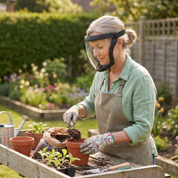 Woman in apron and floral gloves wears the shield while potting seedlings in a garden 3