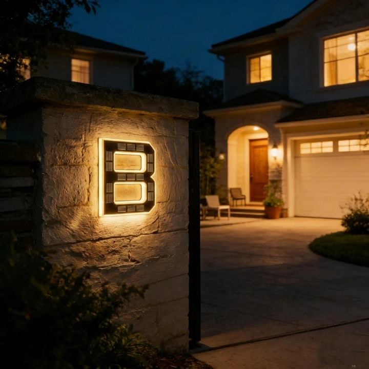 Backlit letter B on a stone gate pillar at night, with a lit house behind 16