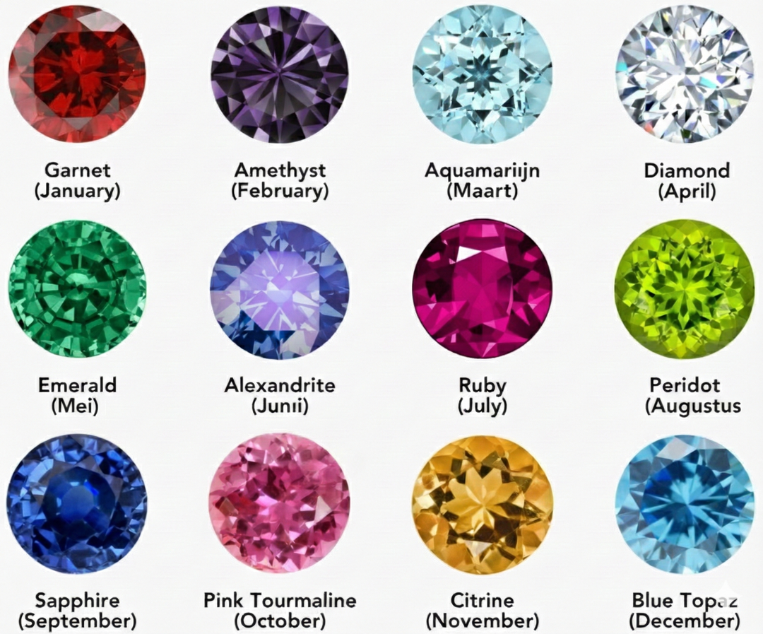 Chart of twelve round faceted birthstones labeled by month, from garnet in January to blue topaz in December. 11
