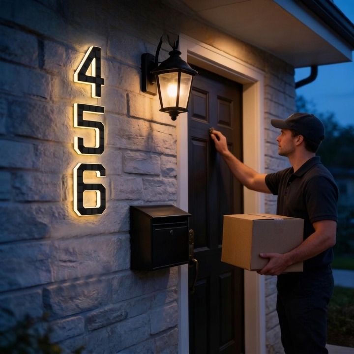 Delivery man with a cardboard box knocks at a door beside a vertical glowing three-digit number on stone 3