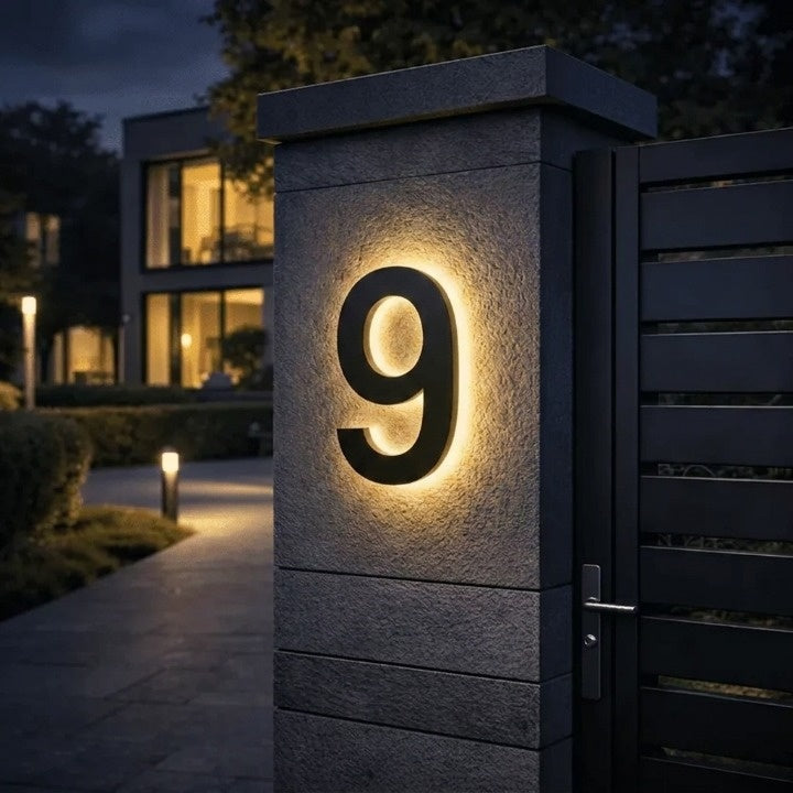 Black backlit LED house number sign with warm white glow on a dark stone gate pillar beside a slatted gate.