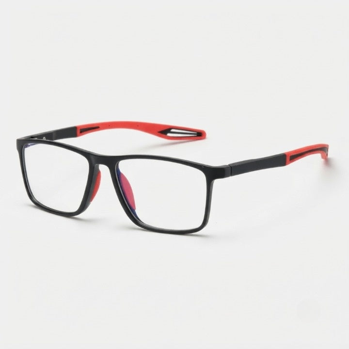 Angled view of square black frames with red silicone temple tips and red nose pads 1