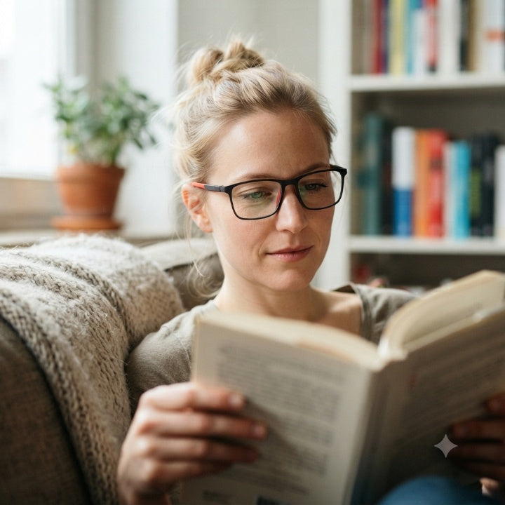 Woman in a messy bun wearing the glasses while reading a book on a sofa 3