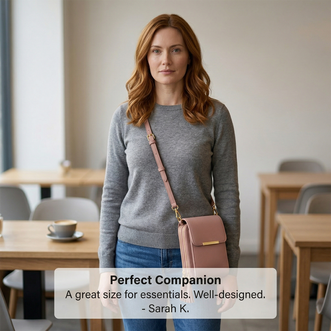 Woman wearing the dusty rose crossbody bag in a cafe.