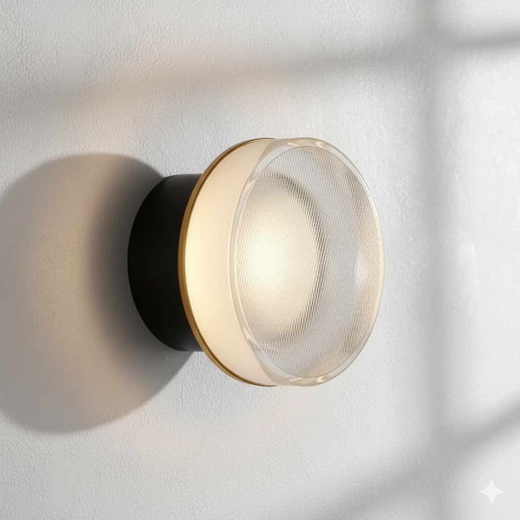 Wall lamp with a black backplate, thin brass trim and ribbed clear glass front, casting soft shadows on a white wall. 25