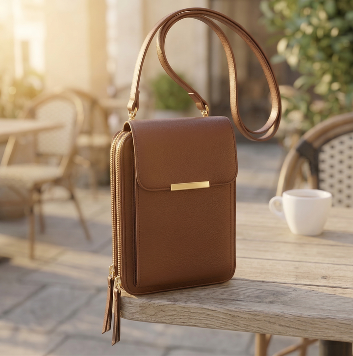 Tan brown crossbody bag with a slim strap and gold hardware on a wooden cafe table.
