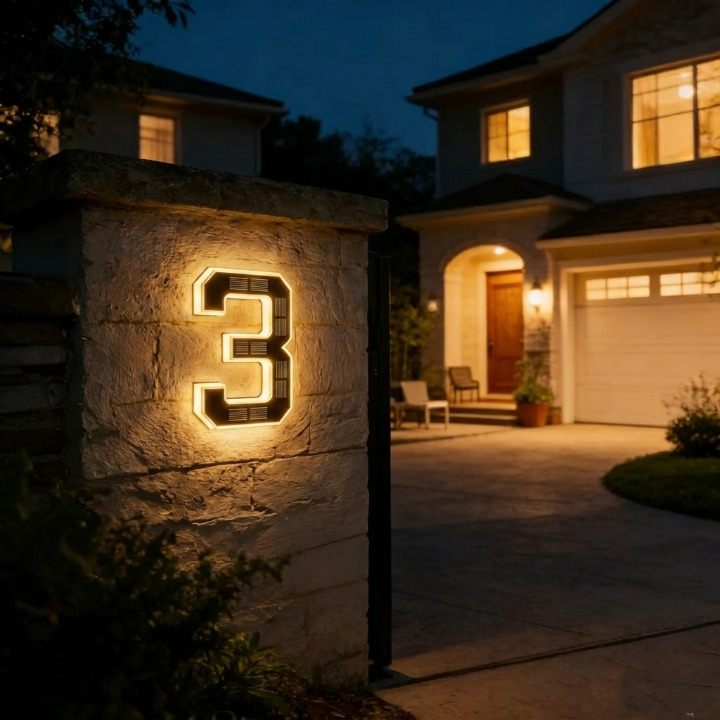 Backlit number three on a stone gate pillar at night, with a lit house behind 7