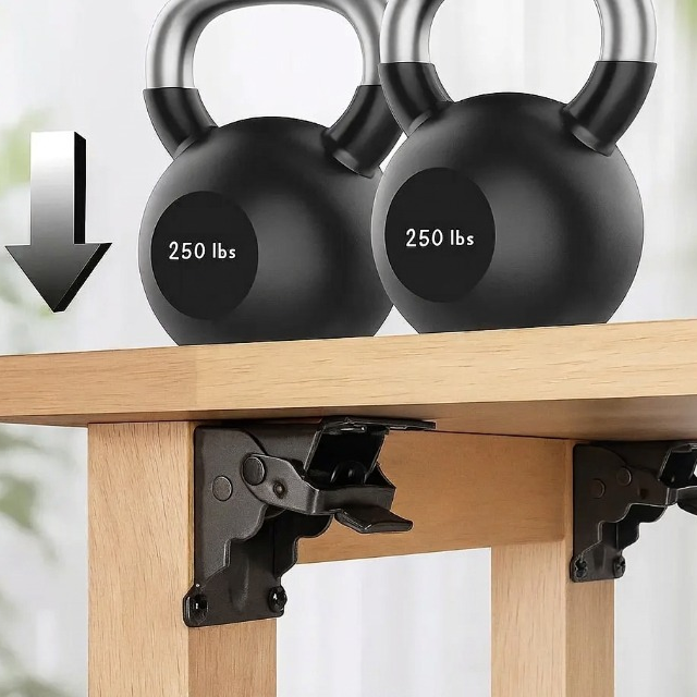 Black brackets under a wooden table supporting two black kettlebells on top, with a downward arrow illustrating the load capacity. 5